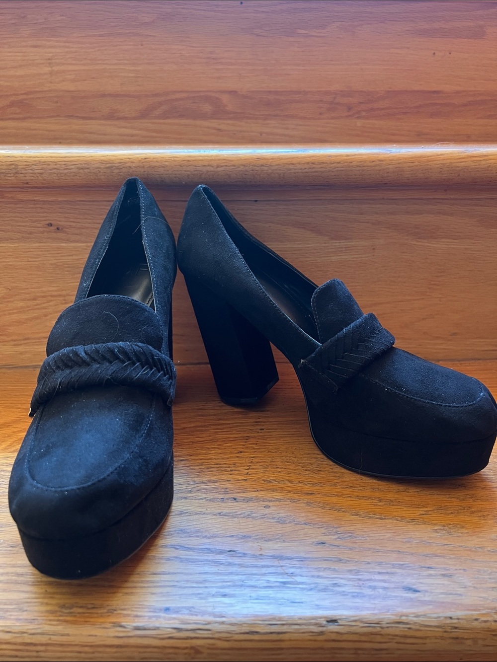 Black Suede Platform Block Heel Loafers